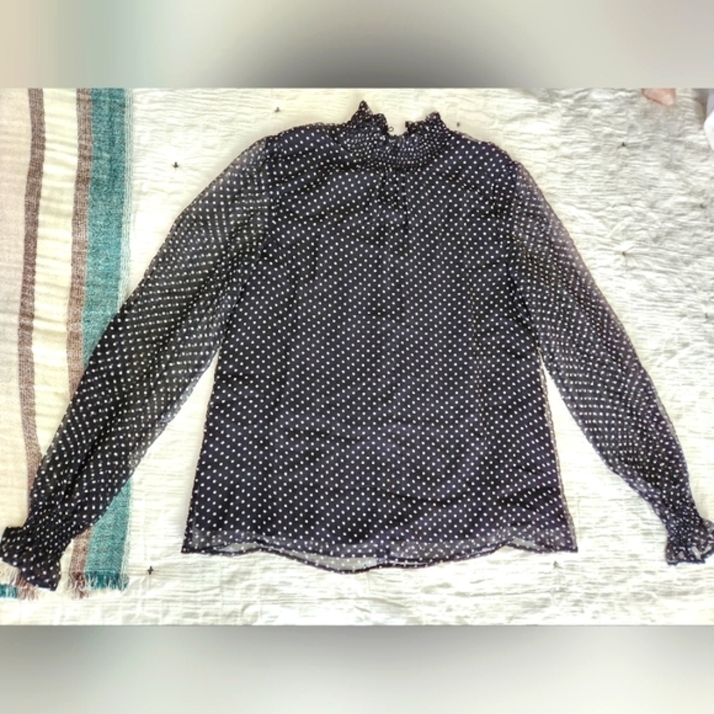 Sezane black and white polkadot top, silk, size 36